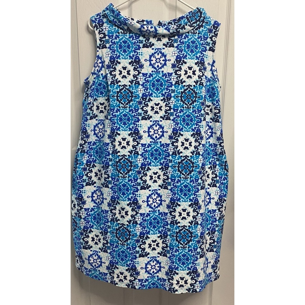 Talbots Petite Women Blue/White Tile Print Shift Dress Sleeveless Coastal 2XL P